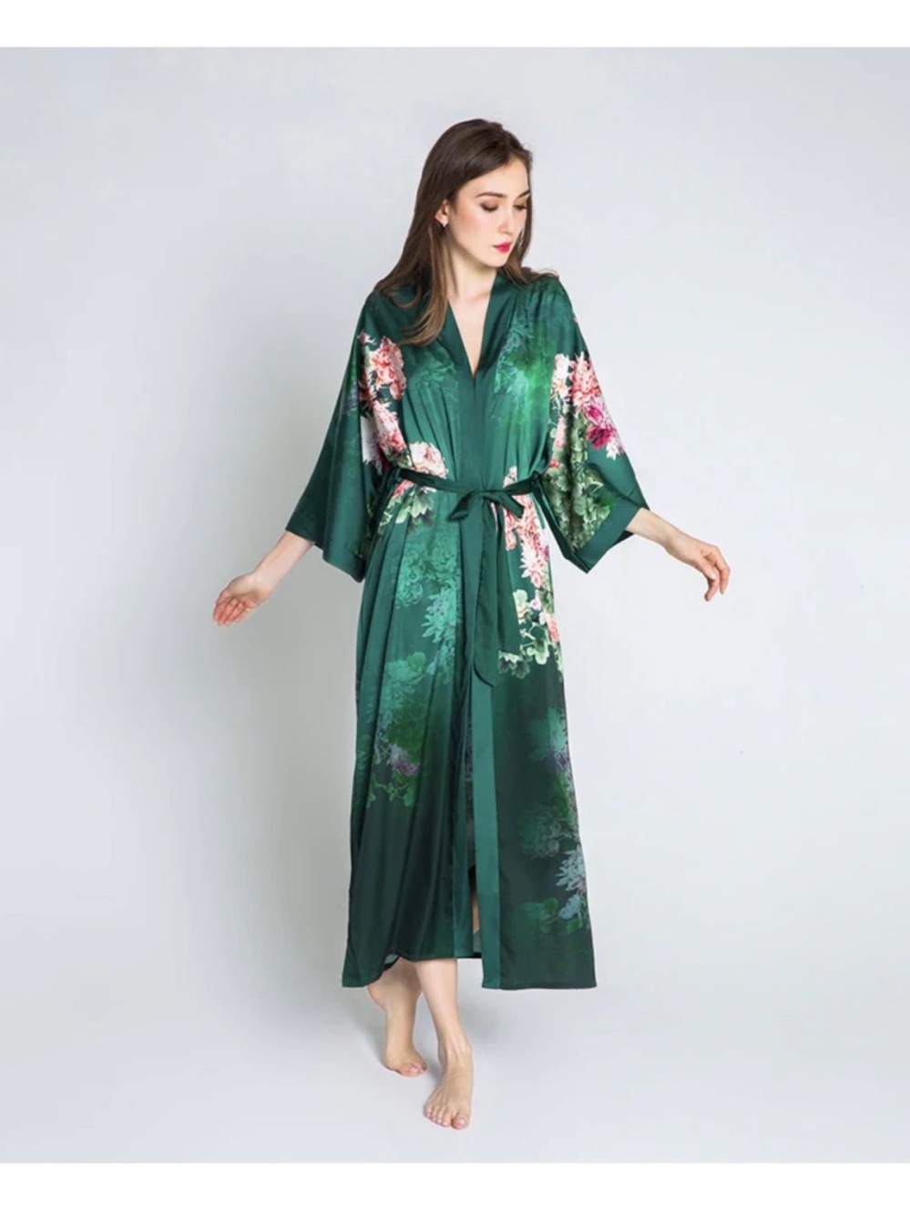 Floral Satin Long Kimono Robe in Emerald Green with Chrysanthemum Detailing